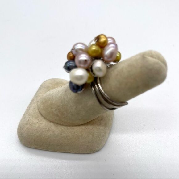 Multicolor Fresh Water Pearls on Silver tone Adjustable Ring - Picture 4 of 5